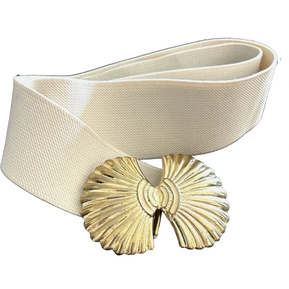 Vintage 80s Cream Elastic Cinch Belt M Gold Enamel Seashell Buckle Nautical GUC